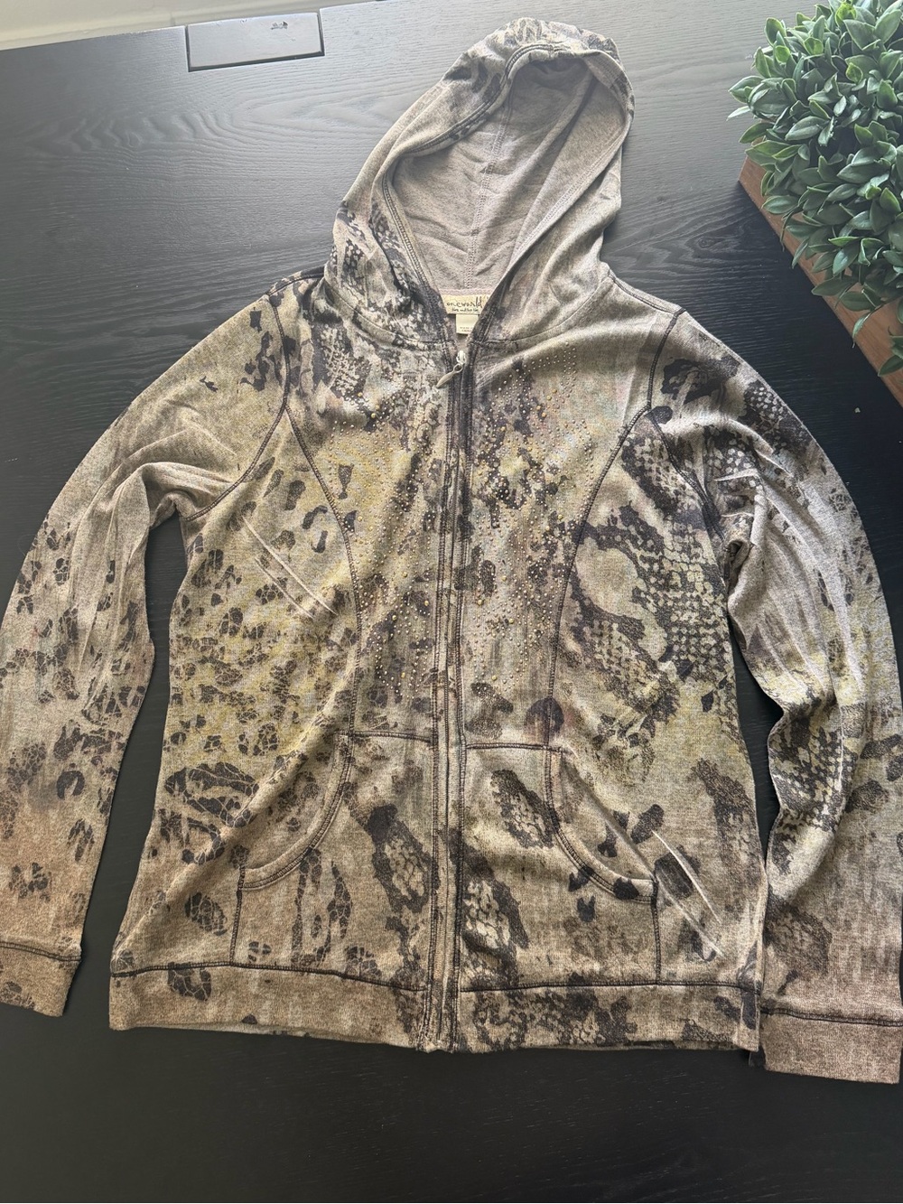 ONE WORLD Olive and Gray Snake-Print Hooded Zip Jacket
